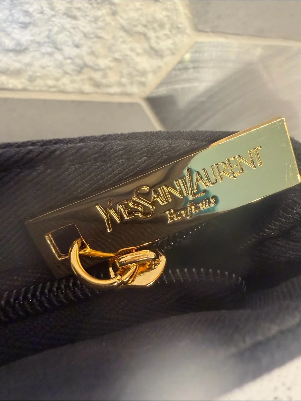 Yves Saint Laurent Black “Parfums” bag with Gold Logo Zipper